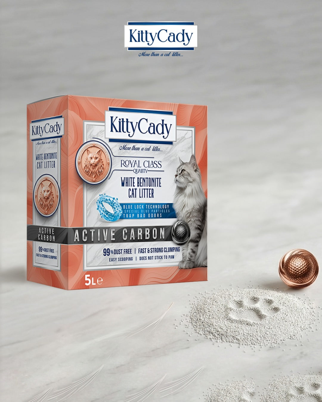 KittyCady N° 01 Active Carbon kutusu, mermer zeminde beyaz bentonit kum ve pati izi