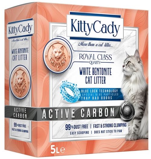 KittyCady N° 01 Active Carbon aktif karbonlu kokusuz beyaz bentonit kedi kumu 5L kutu